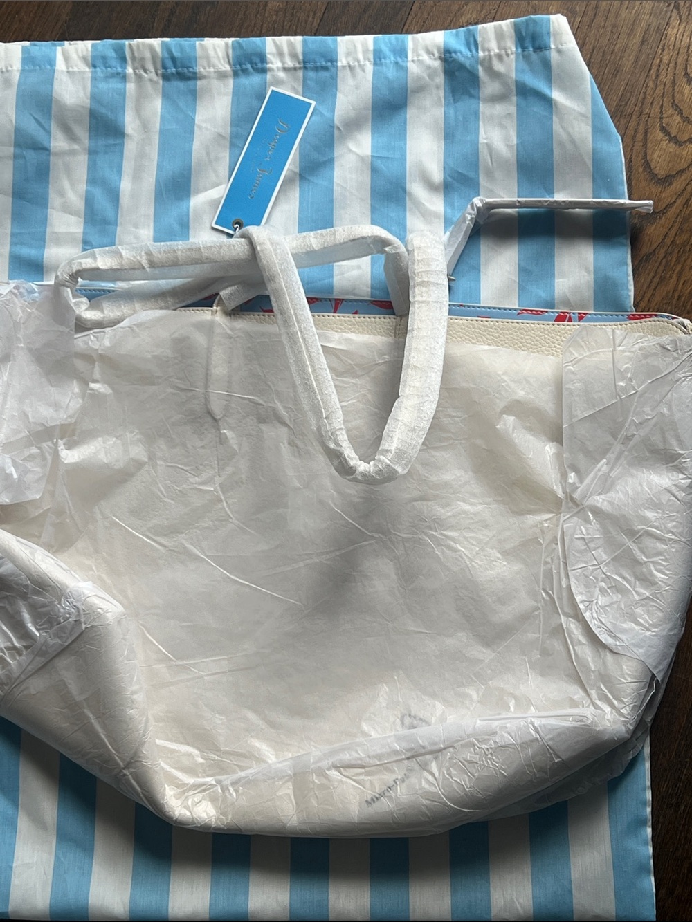 Draper James White Tote Bag with Blue Tag